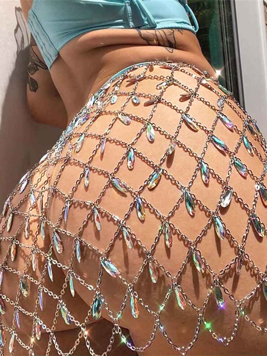 Boho Rhinestone Midi Skirt with Body Chain
