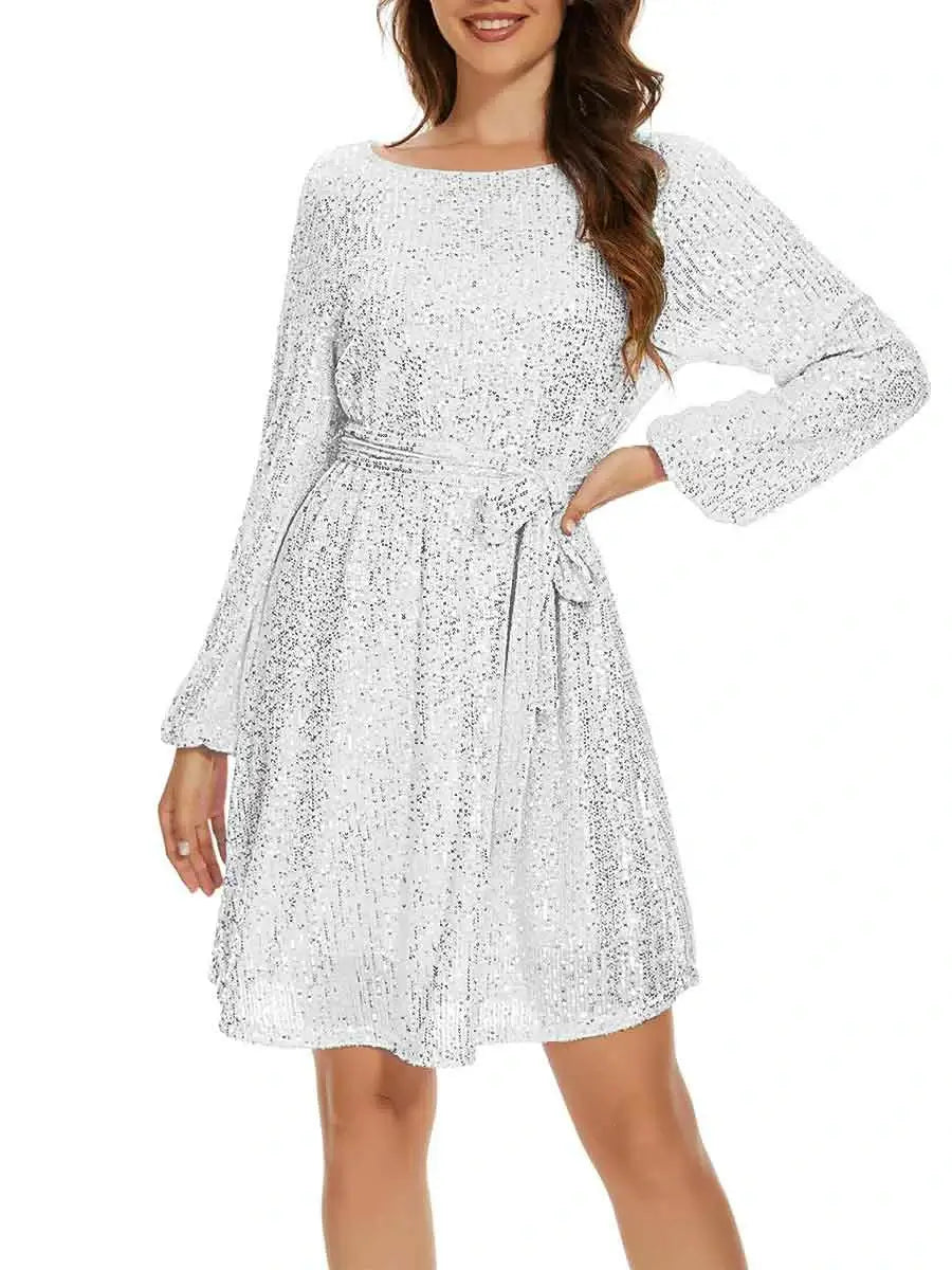 White Long Sleeve Sequin Dress