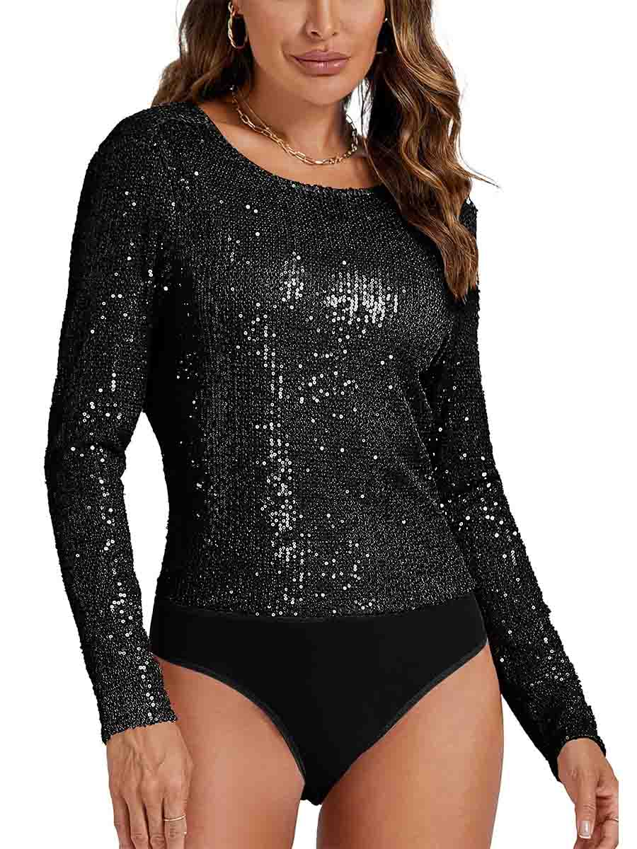 Black Sequin Cowl Neck Bodysuit
