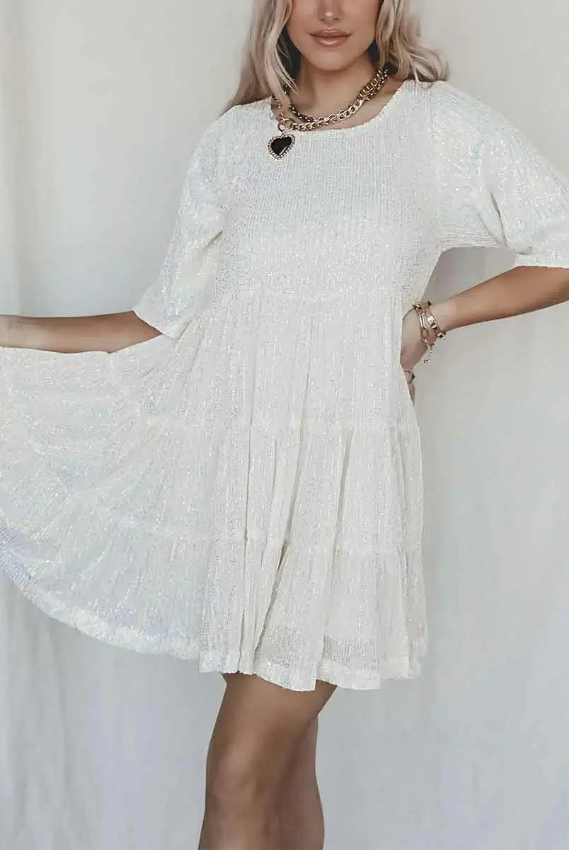 A-Line High-Waisted Loose Layered Short White Sequin Dress