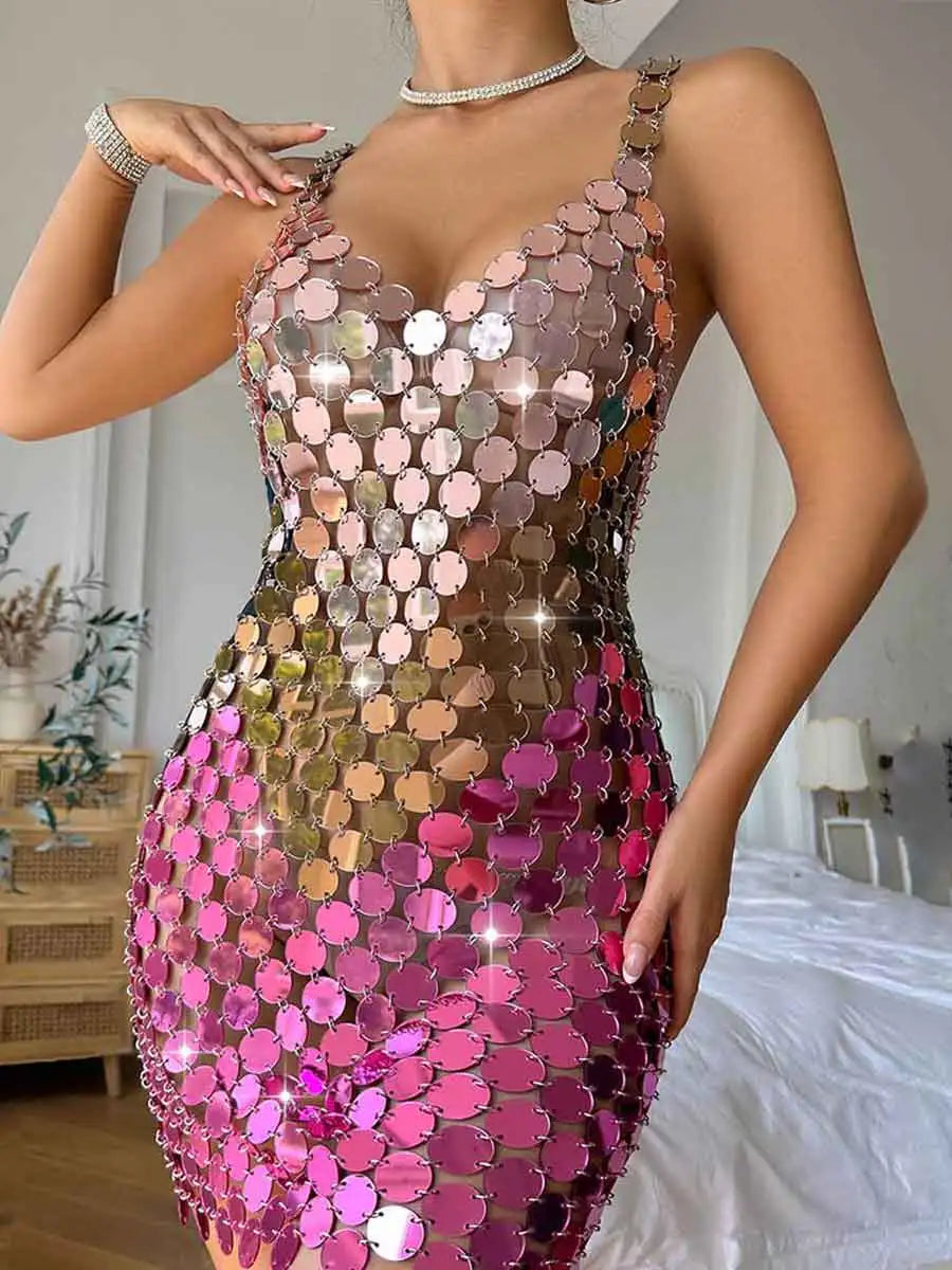 pink chainmail dress - pink sparkle mini dress - Disco Gradient Sequin Dress