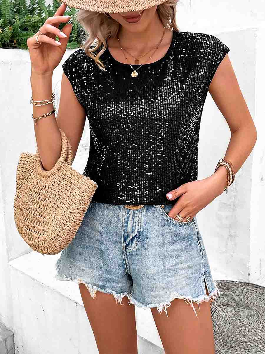 Bat Sleeve Black Sequin Shirt