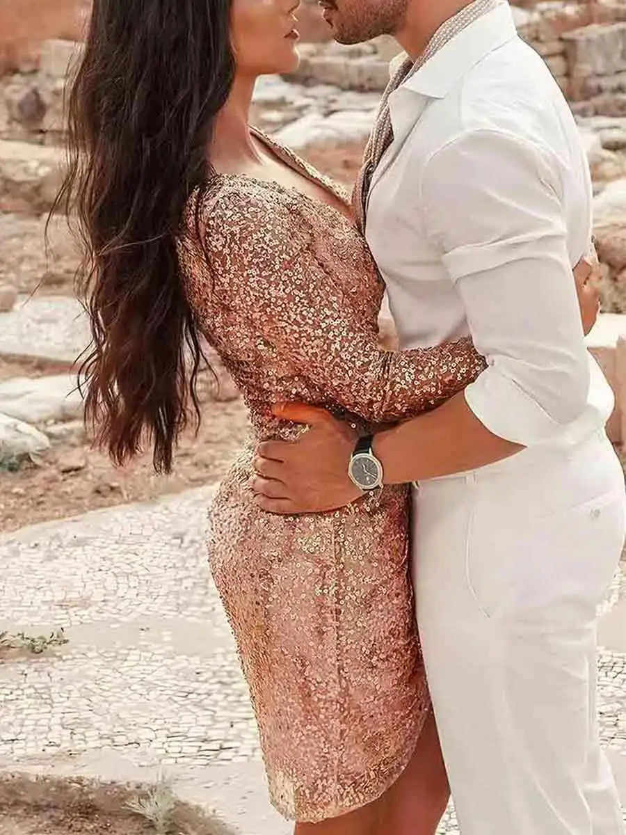 Champagne Wrap Long Sleeve Sequined Dress