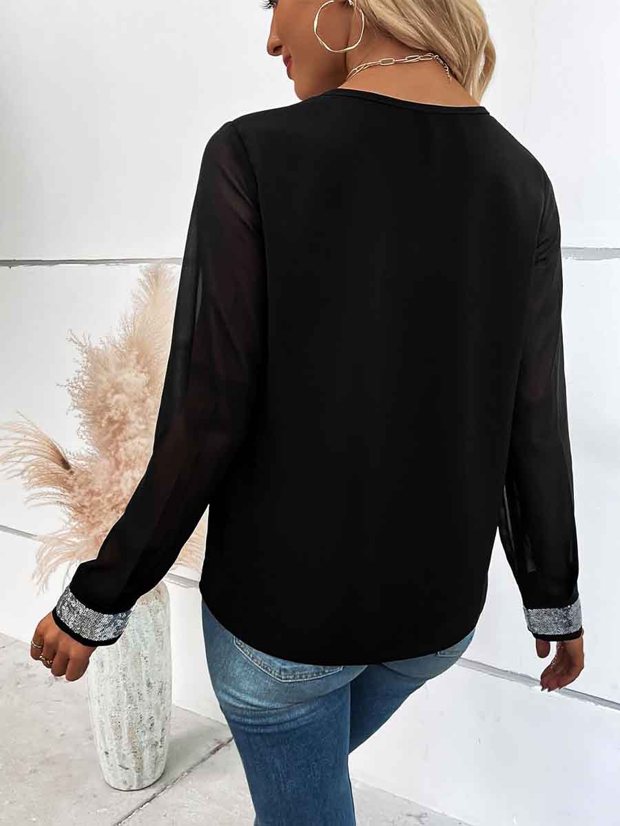 Black Chiffon Long Sleeve Silver Sequin Shirt