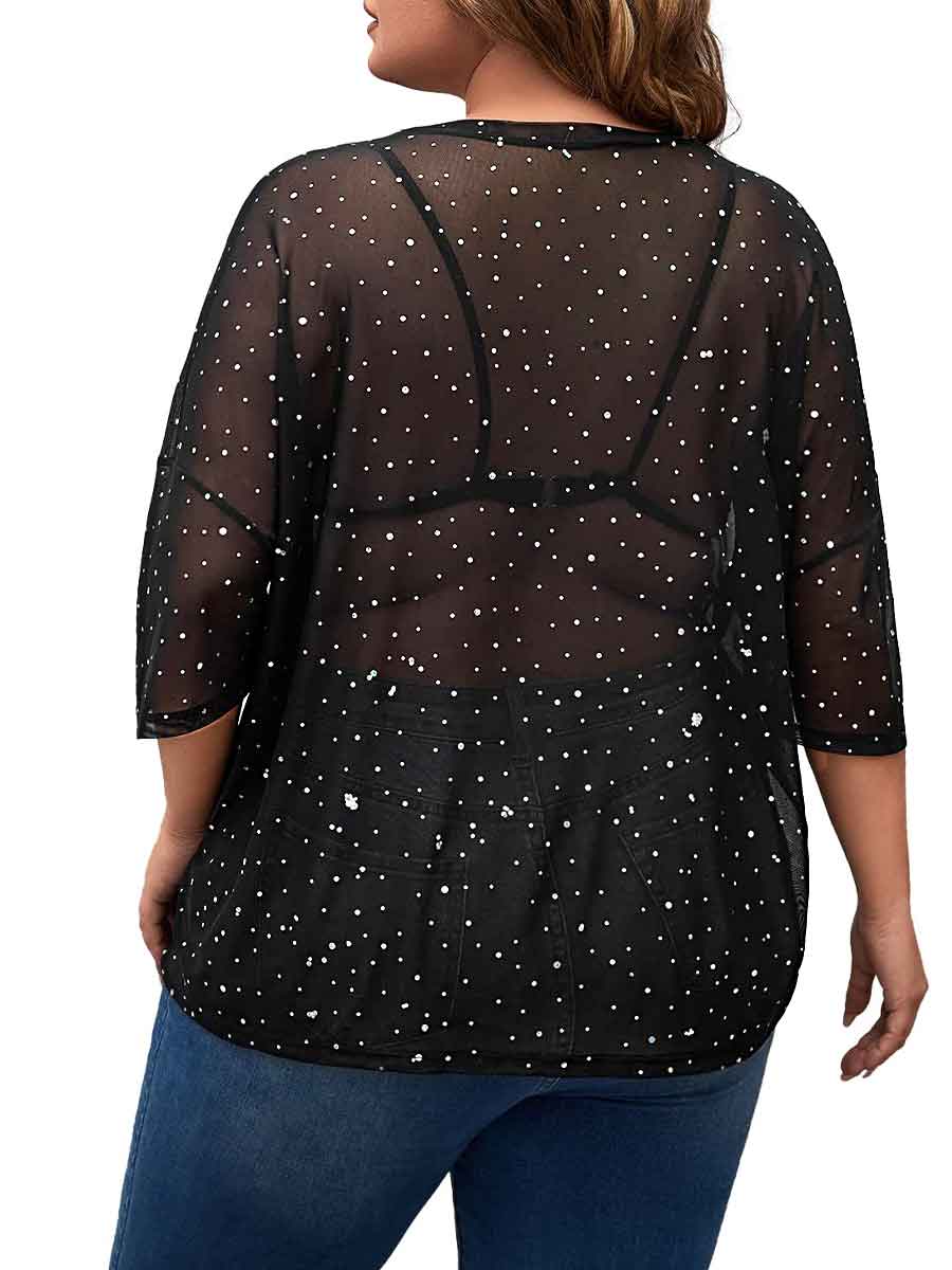 Short-Sleeved Round Neck Black Plus Size Rhinestone Shirts