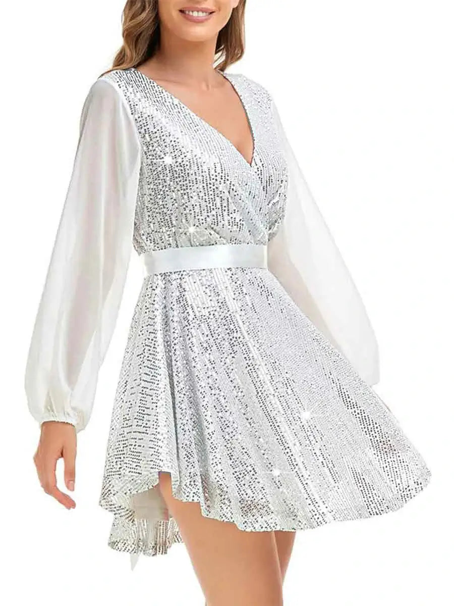 White Sequin V-Neck Cocktail Dress