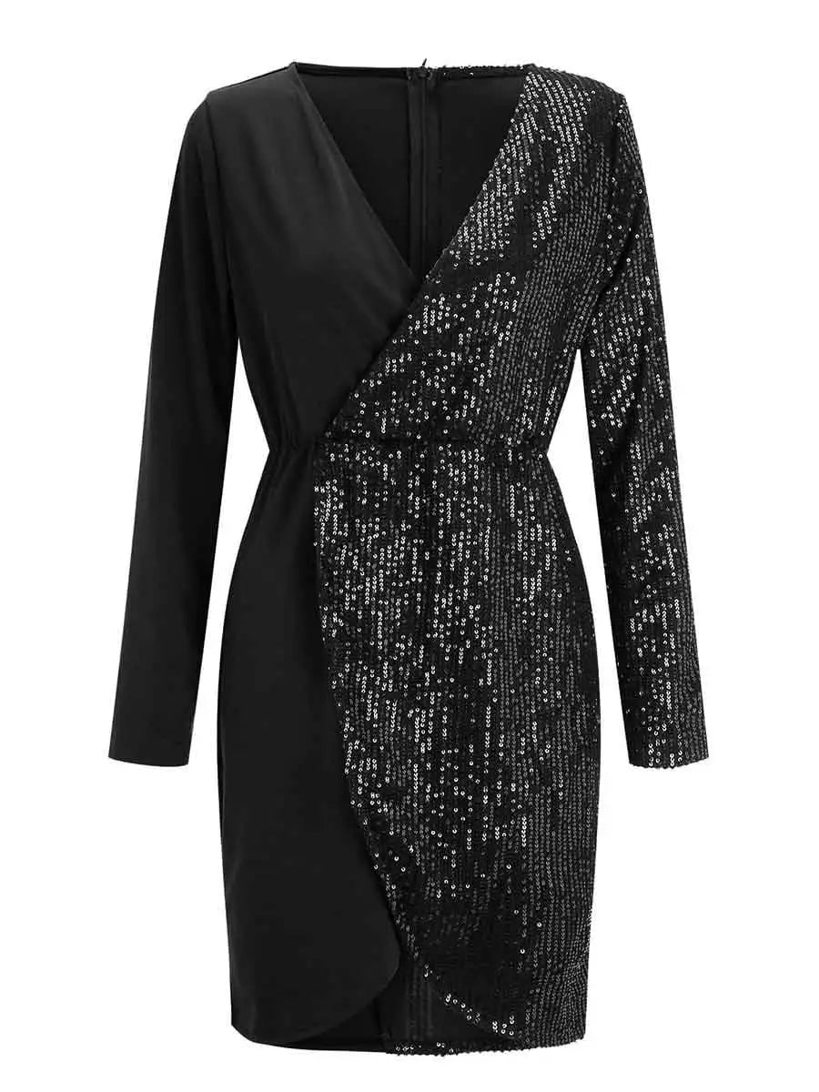 Sparkly Sequin Long Sleeve Dress with Wrap Detail