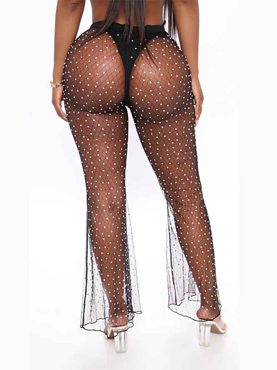 black crystal mesh pants