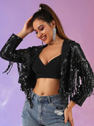 Black Sequin Lapel Fringe Jacket