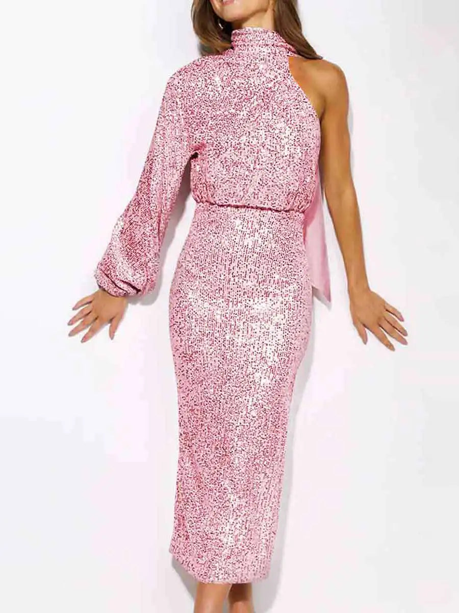 Dramatic One-Sleeve Sequin Maxi Dress