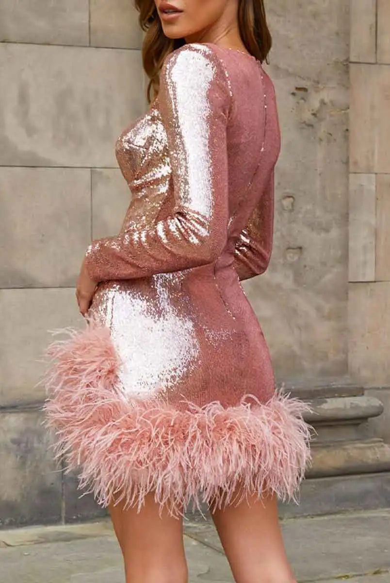 Pink Sequin Feather Dress - Feather Sequin Mini Dress