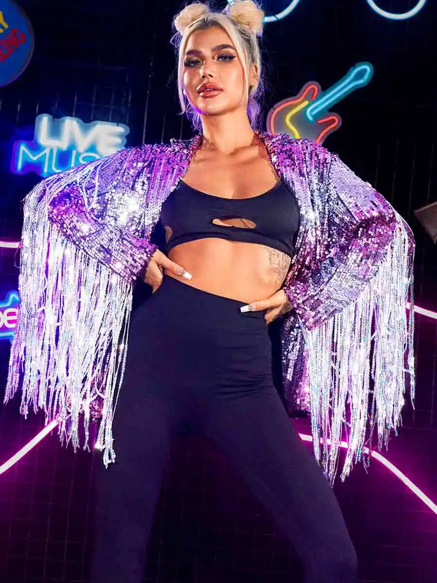 Long Sleeve Fringe Sequin Jacket (Purple)