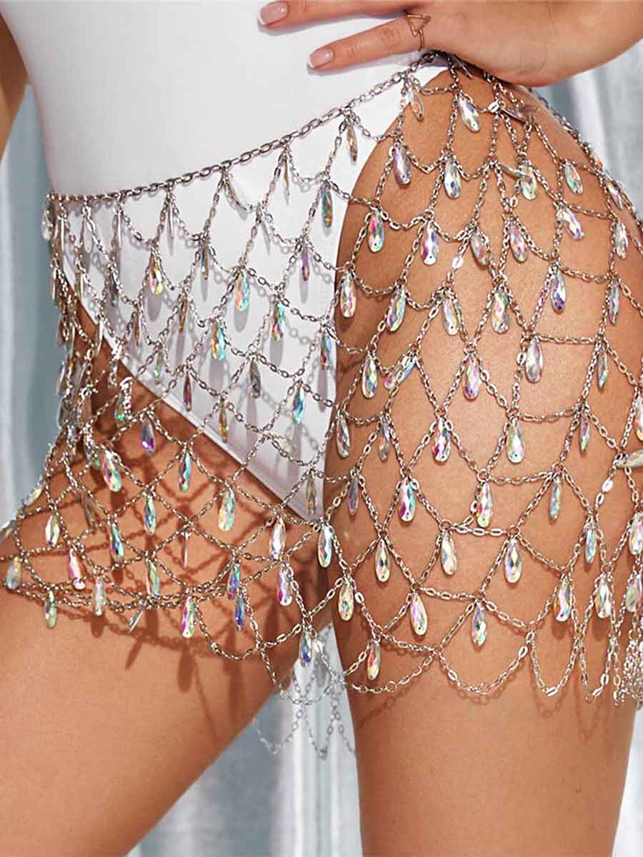 Colorful Rhinestone Midi Skirt with Chain