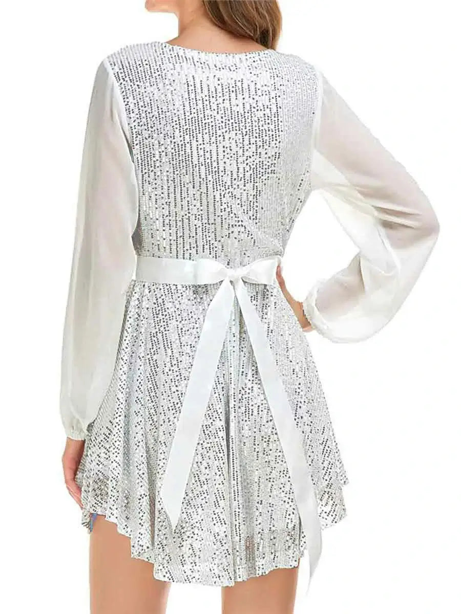 Belted Sequin White Cocktail Dress