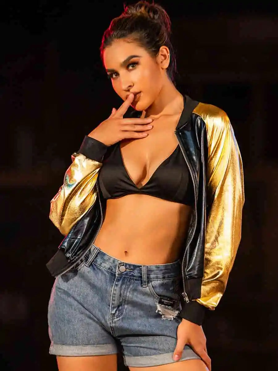 Black reflective bomber jacket with gold sleeves