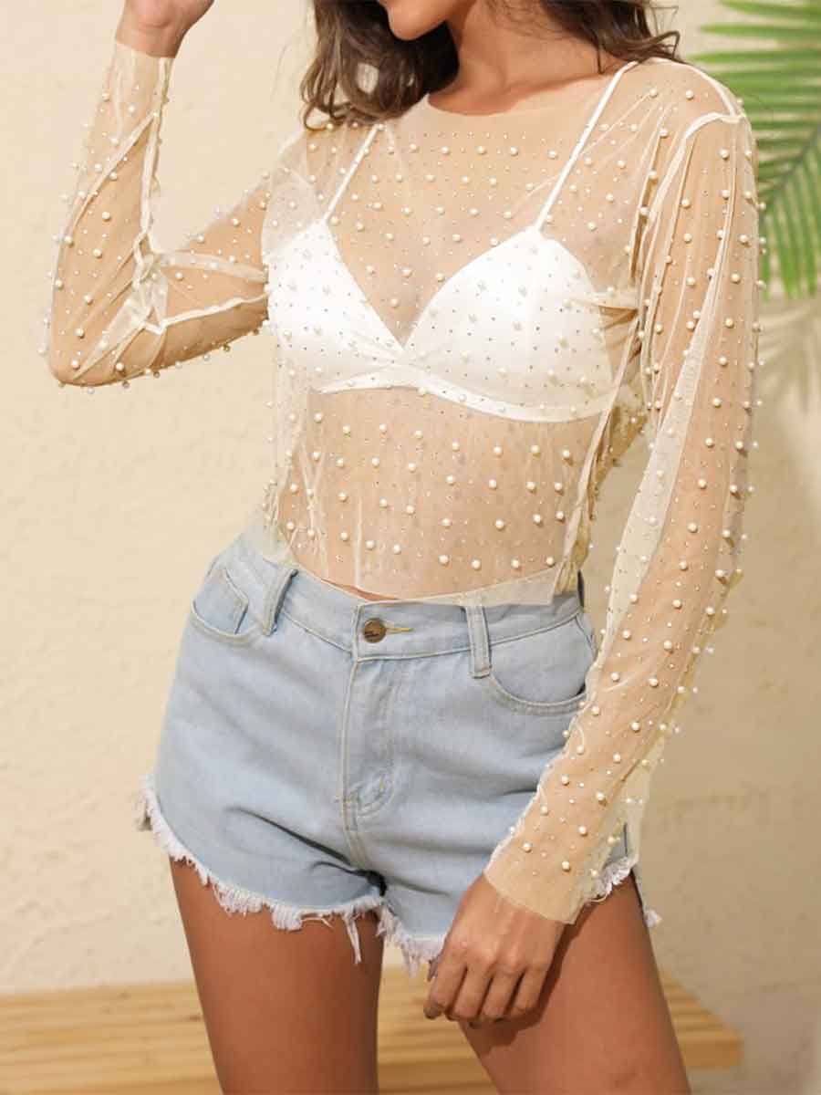 Rhinestone Pearl Mesh Top