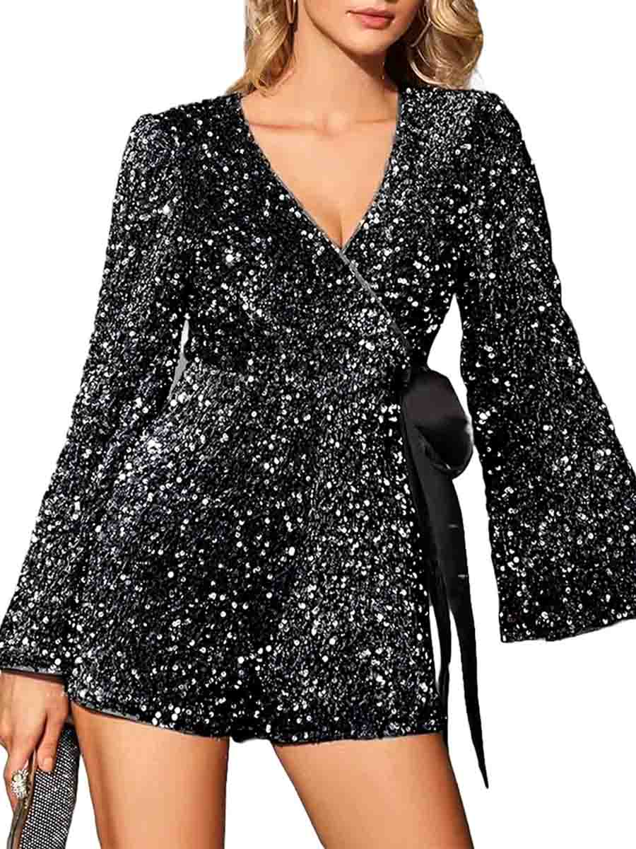 Black Sequin Jumpsuit Shorts Sparkly Wrap Over Jumpsuit Victray