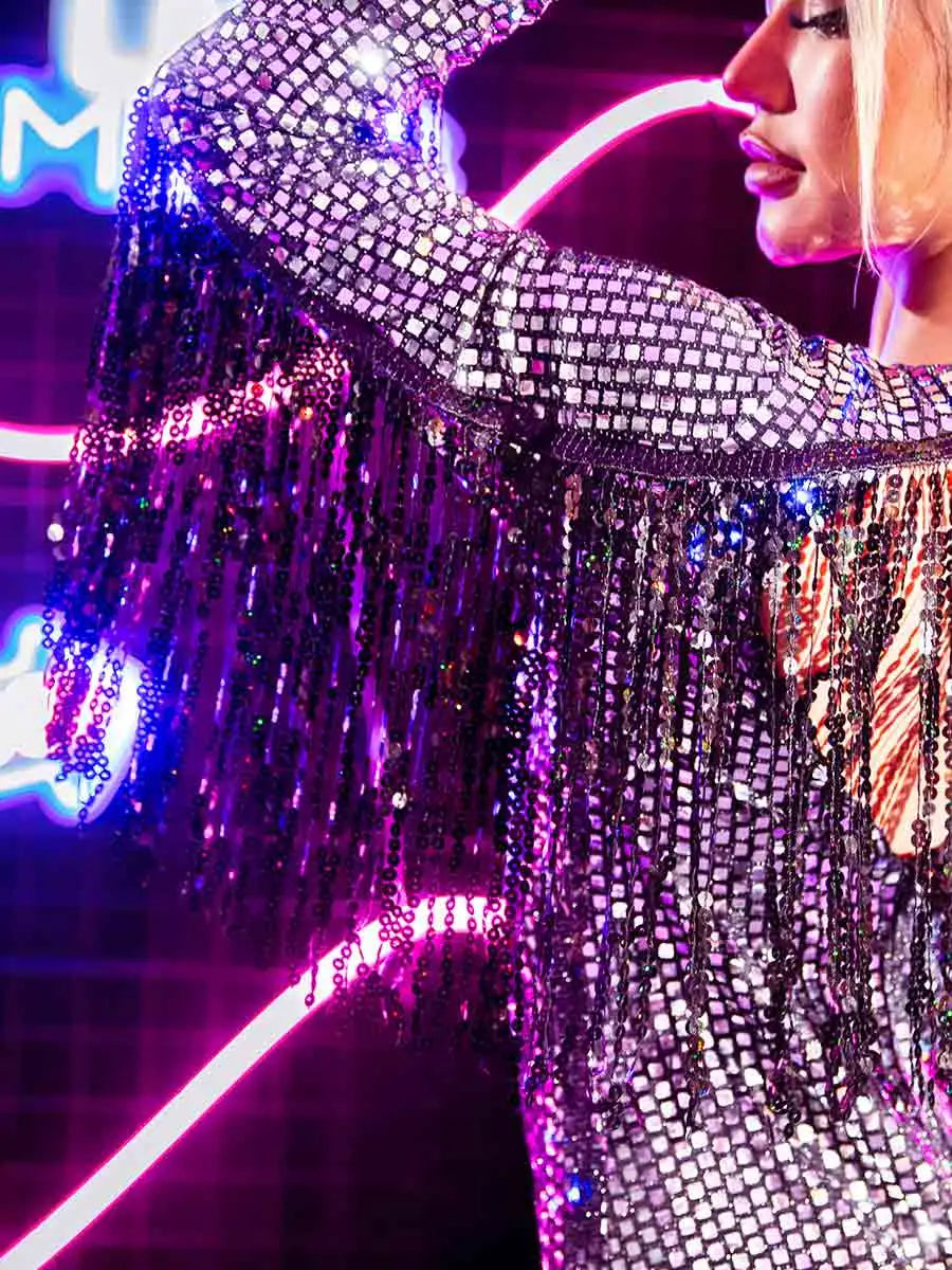 Silver Glitter Bodysuit with Tassels