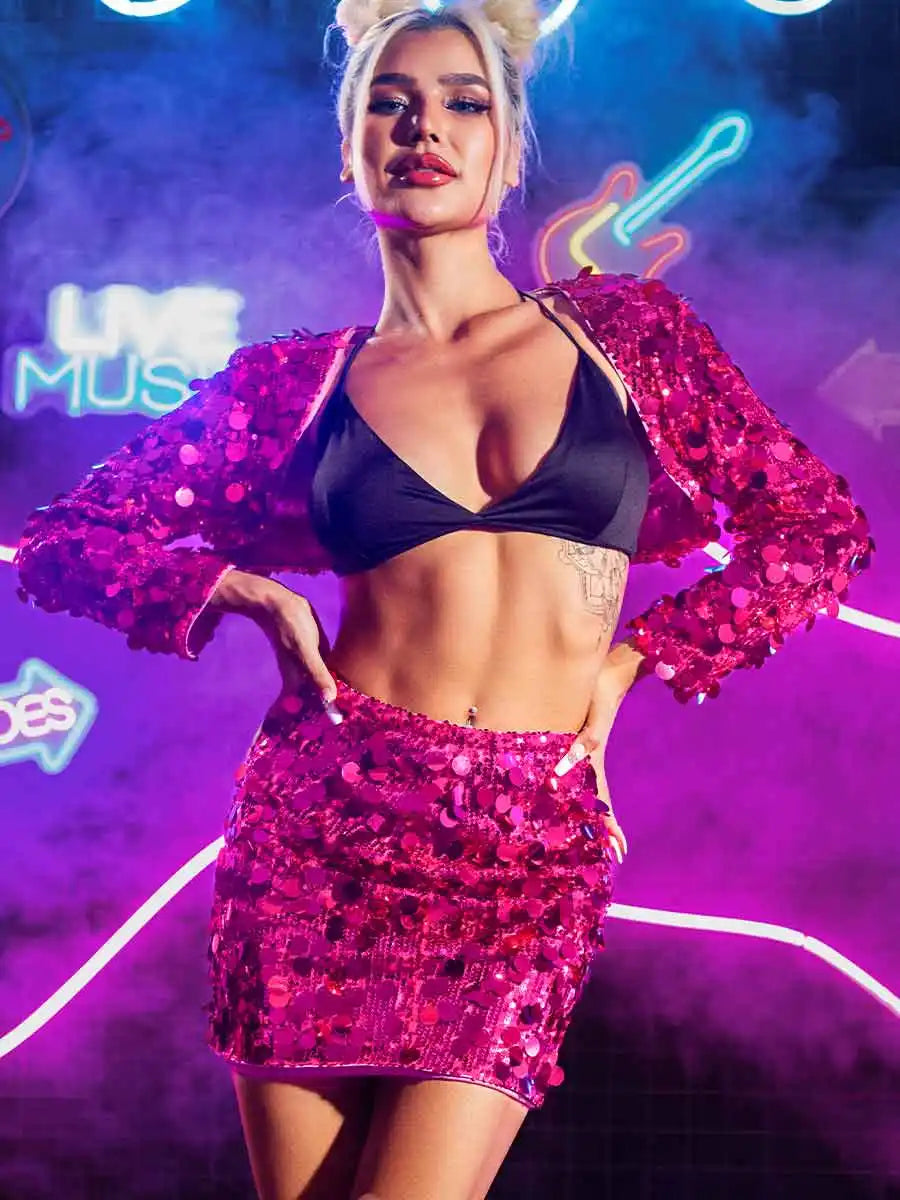 Pink Sequin Two Piece Set - Short Skirt + Short Jacket