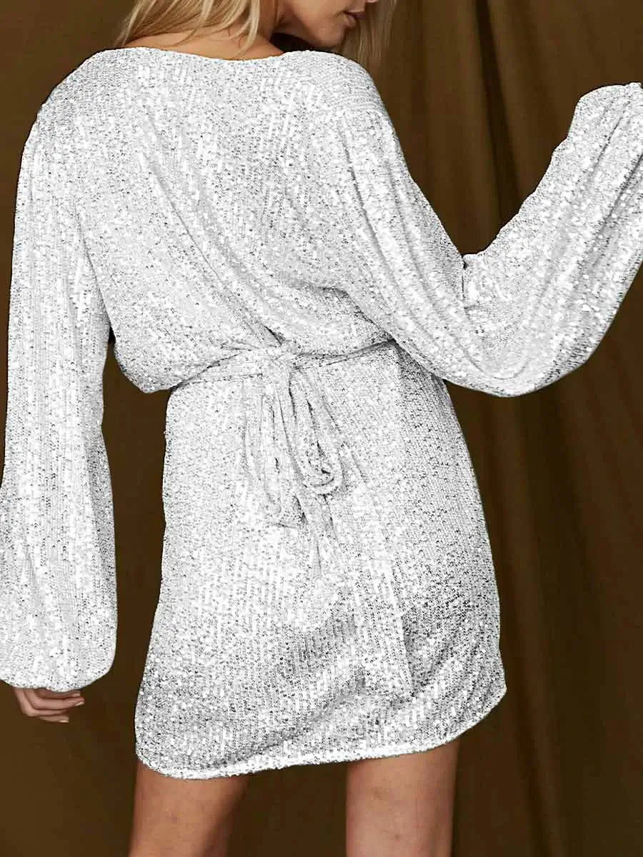 white sequin wrap mini dress