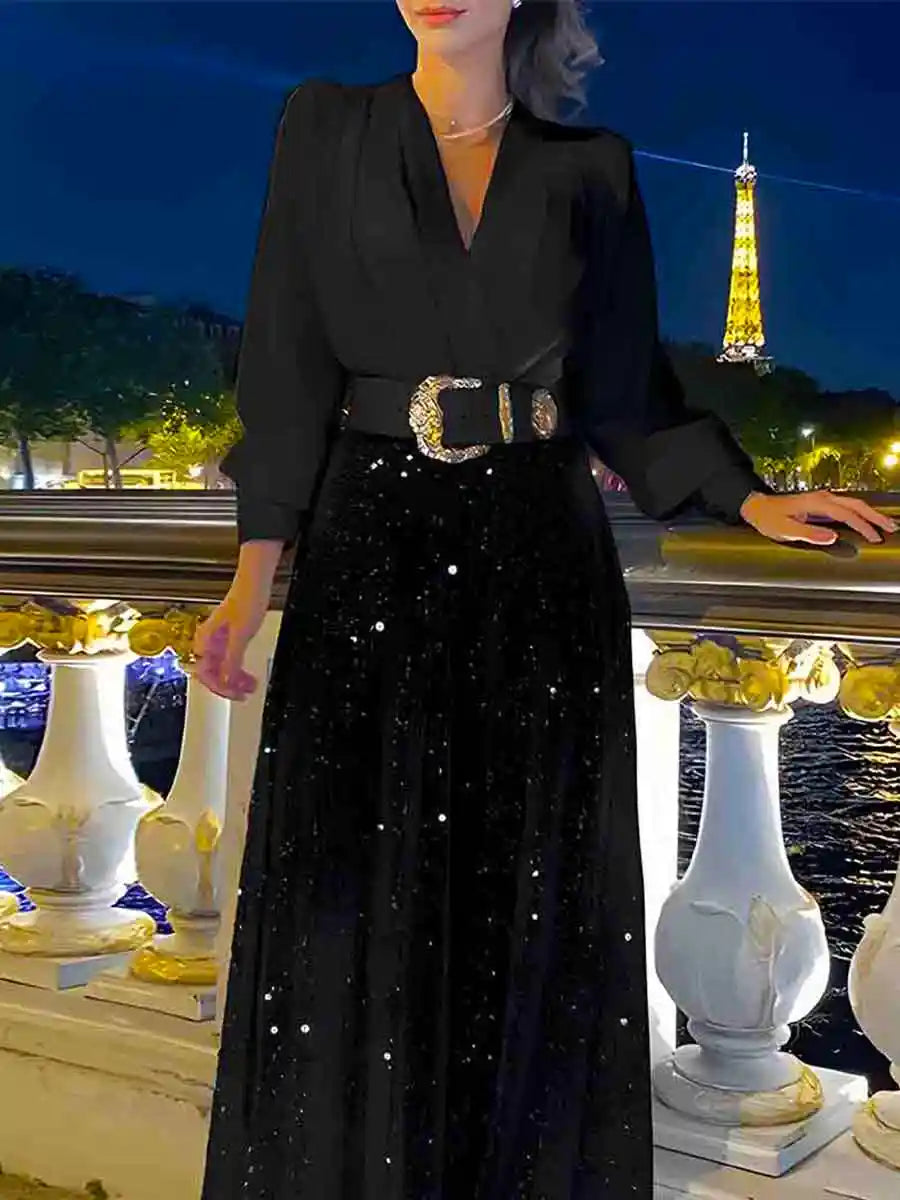 V-Neck Sequin Jumpsuit - Formal