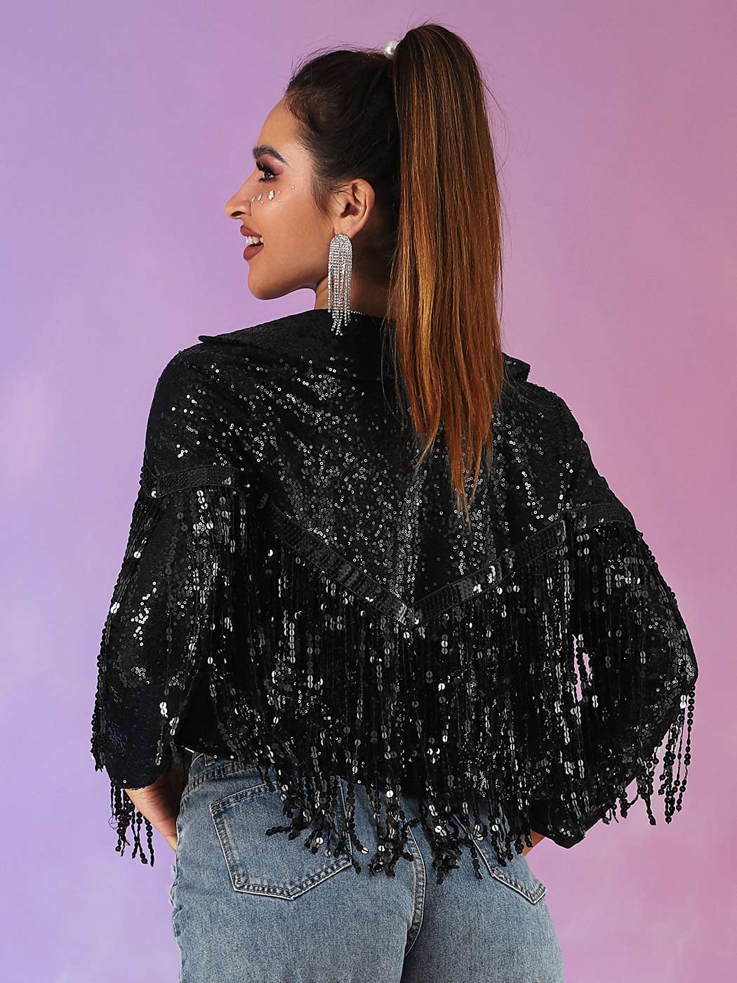 Black Sequin Lapel Tassel Jacket