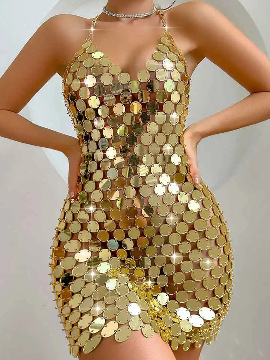 Sparkly Gold Backless Mini Dress