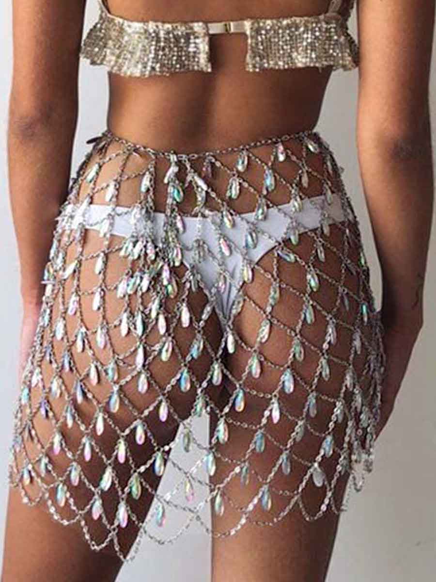 Festival Boho Skirt with Rhinestones & Chain