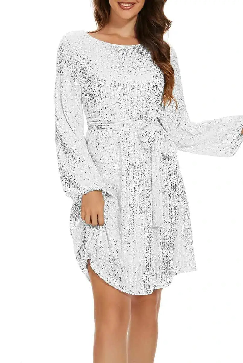Mini Straight Fit Belted Long Sleeve White Sequin Dress