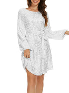 Mini Straight Fit Belted Long Sleeve White Sequin Dress