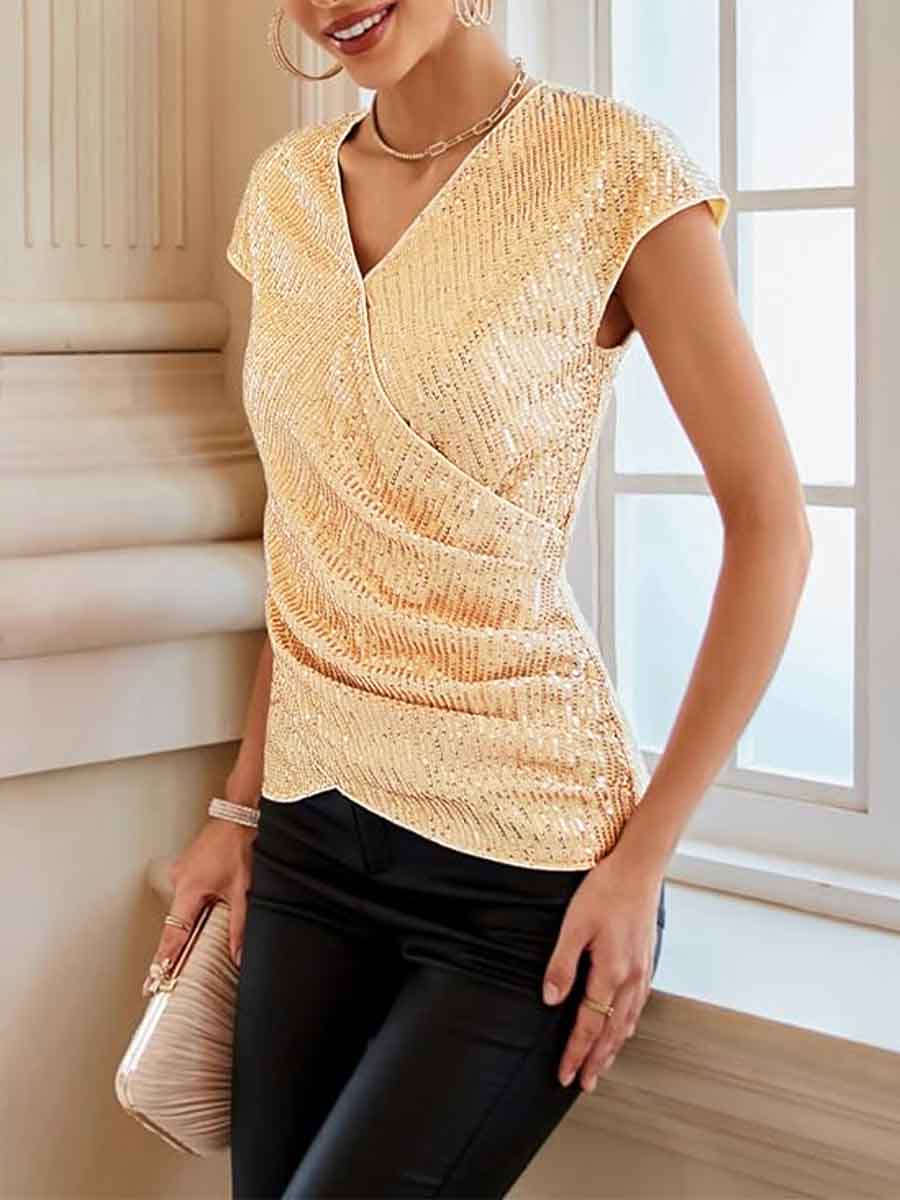 Twist Front Champagne Gold Sequin Shirt