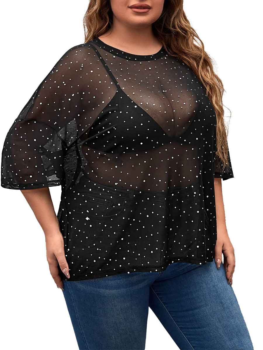 plus size rhinestone mesh top