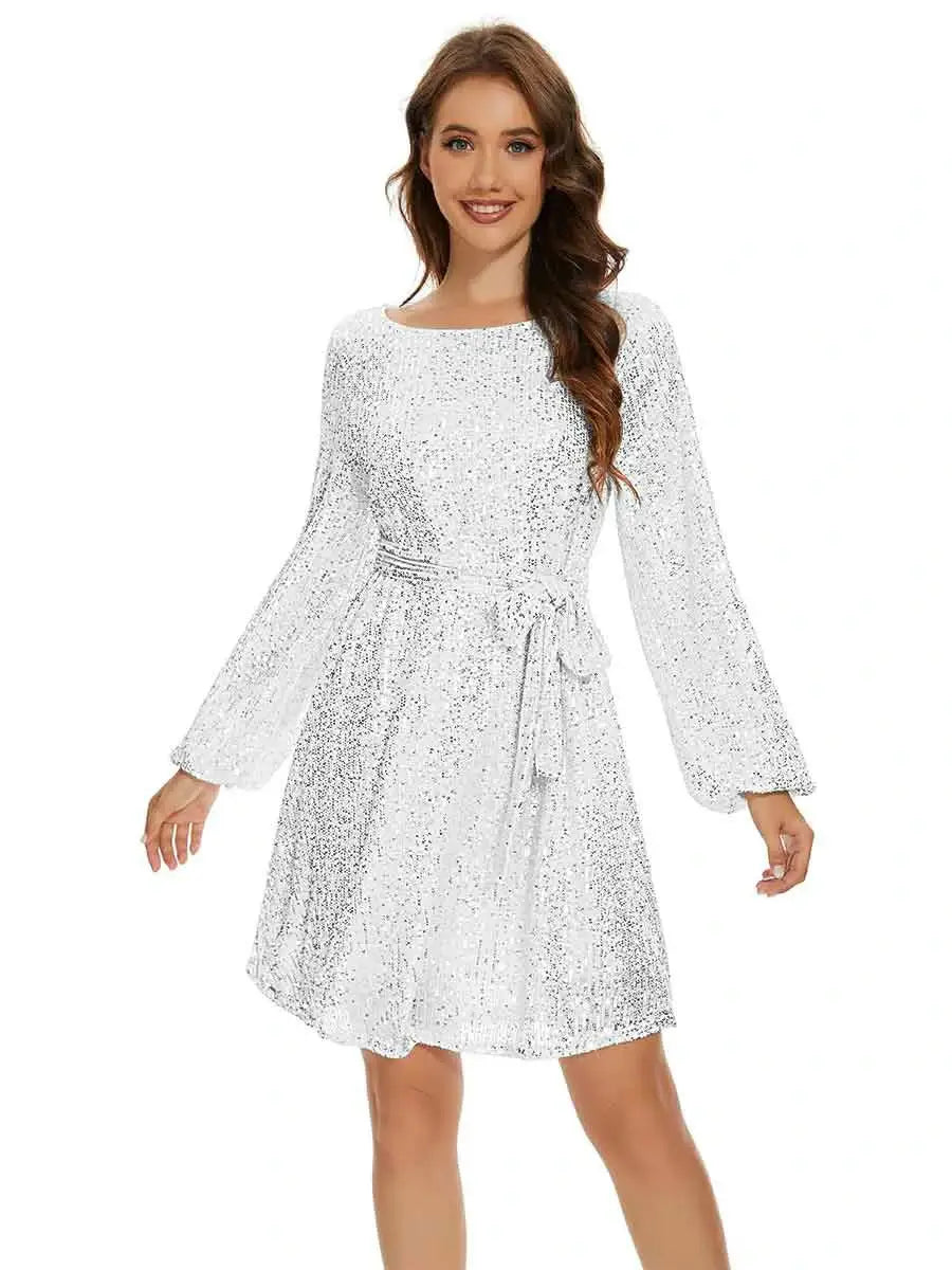 White Sequin Dress With Sleeves