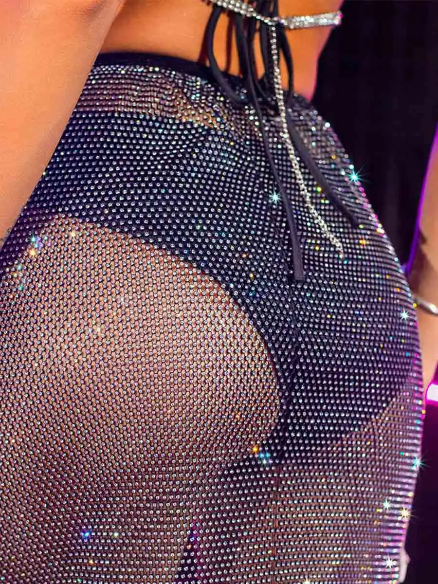 Rhinestone Bra Top & Fishnet Skirt Set