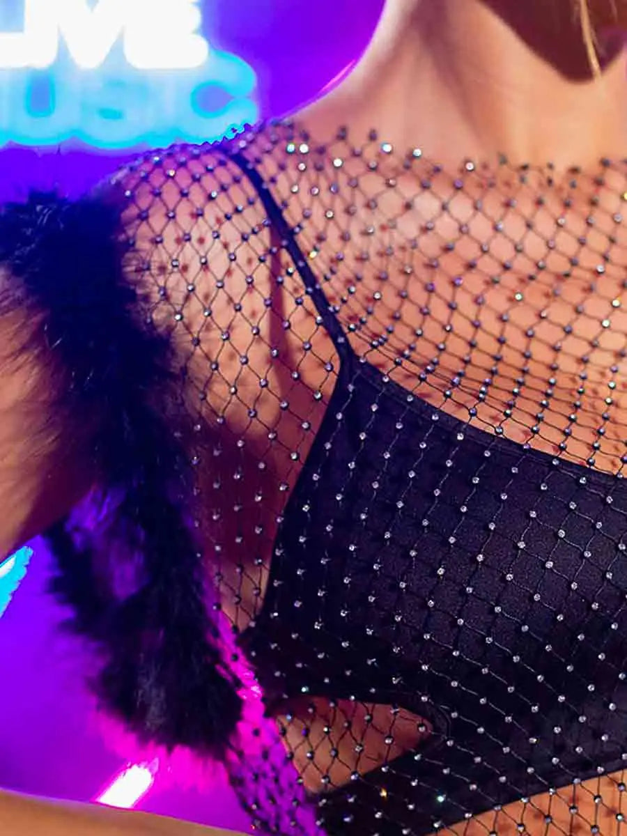 Furry Fishnet Top with Rhinestones