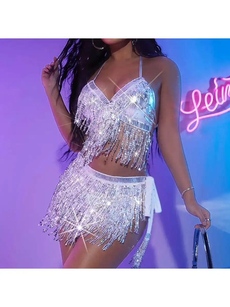 silver sequin tassel two piece sets