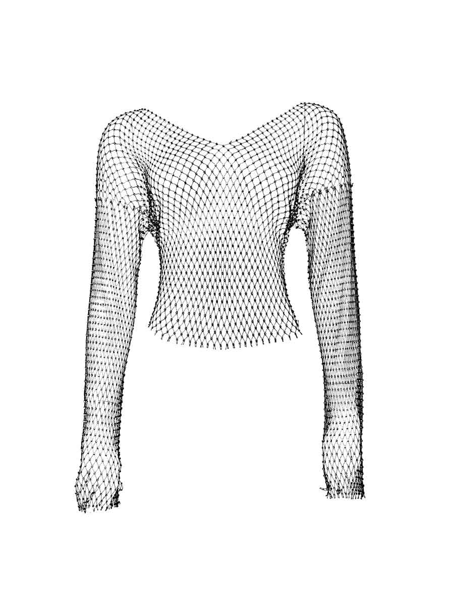 Mesh Rhinestone V-Neck Top