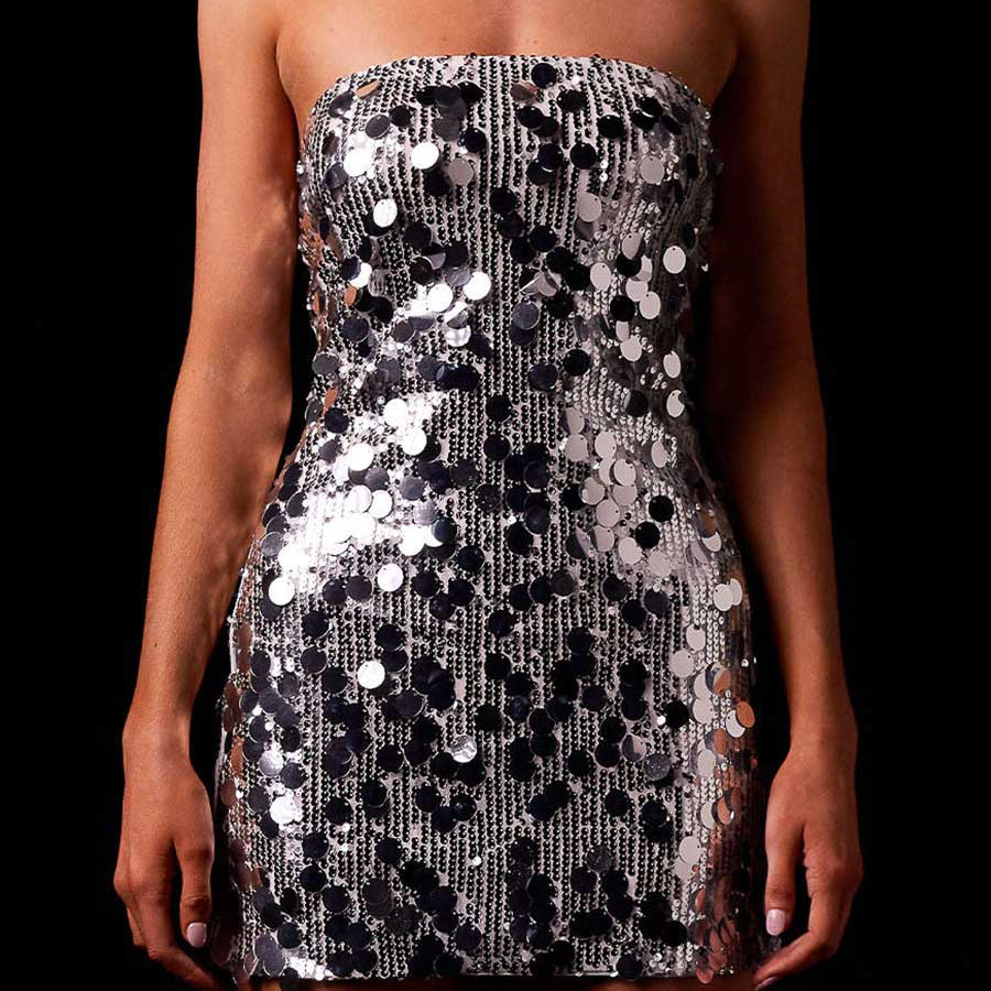 Silver Sequin Strapless Dress