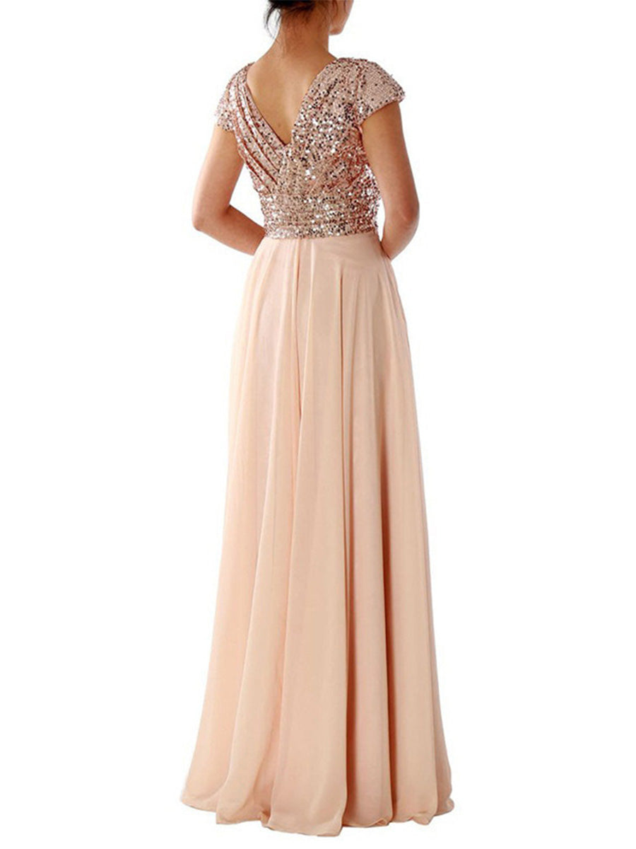 Beige A-line Sleeveless Chiffon Paneled Sequin V-neck Prom Dress