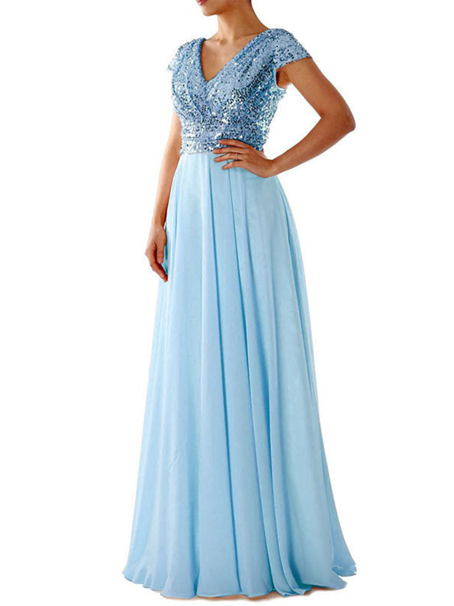 Sky blue A-line Sleeveless Chiffon Paneled Sequin V-neck Prom Dress