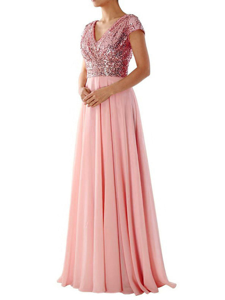Pink A-line Sleeveless Chiffon Paneled Sequin V-neck Prom Dress