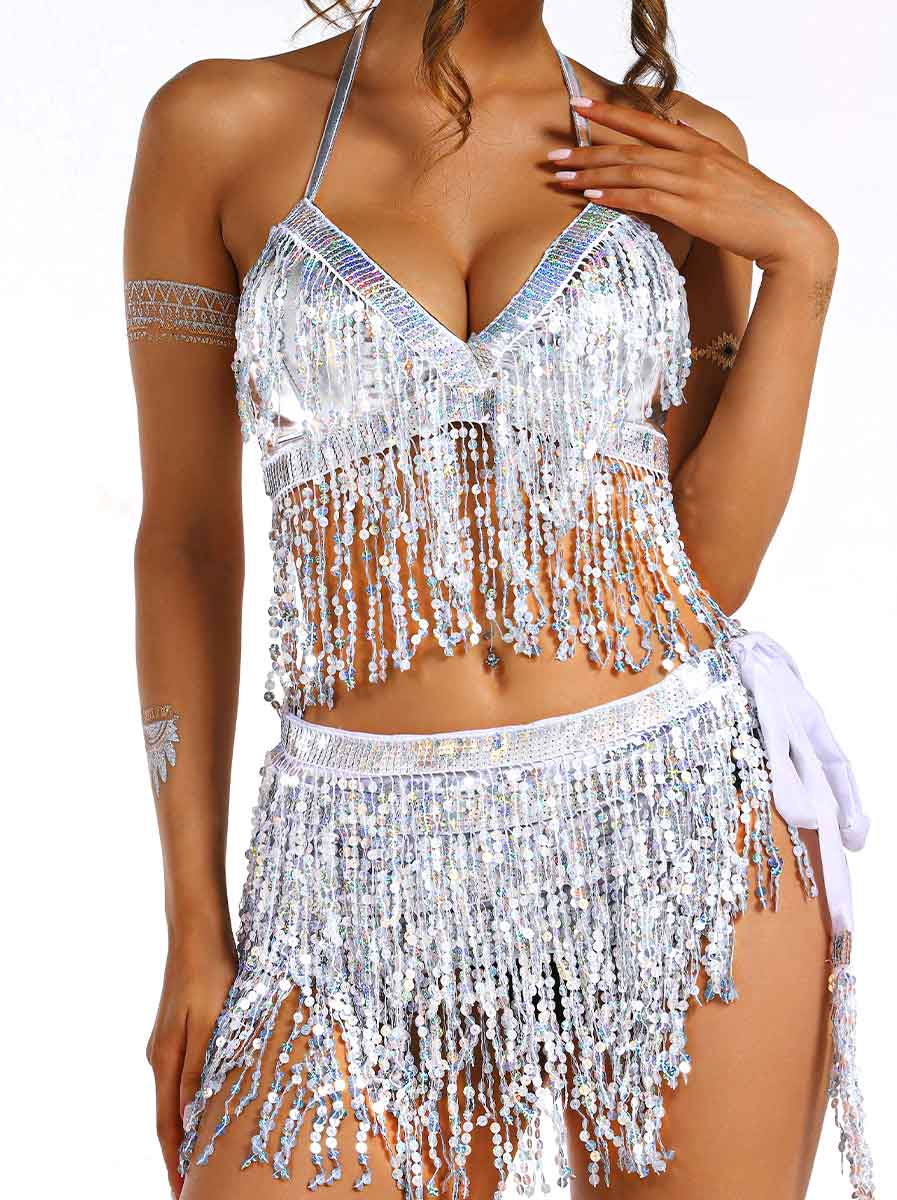 silver sequin tassel two-piece set