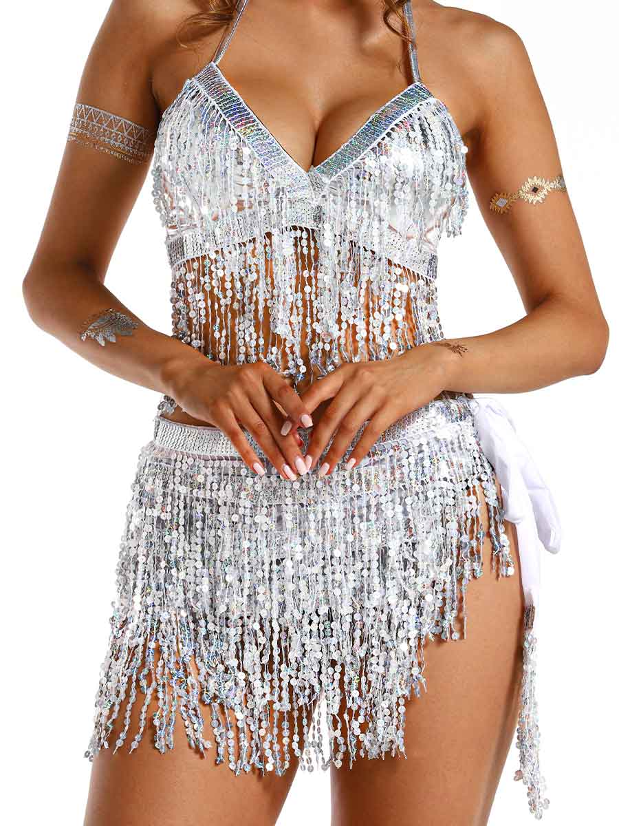 silver sequin tassel two-piece