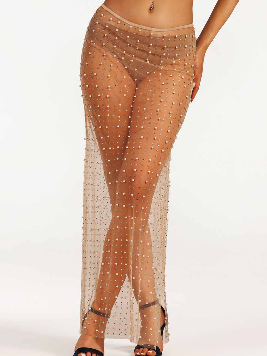 rhinestone pearl mesh straight long skirt