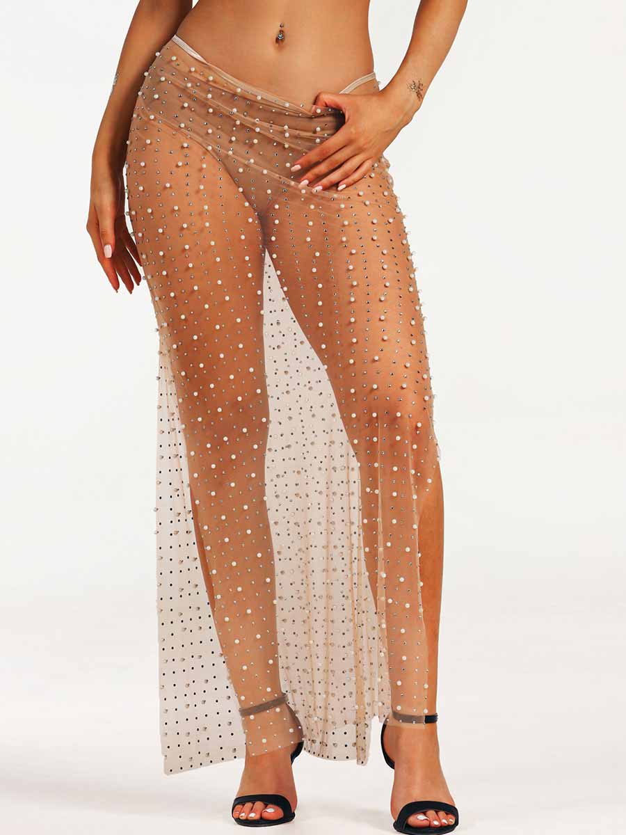 crystal pearl mesh straight long skirt