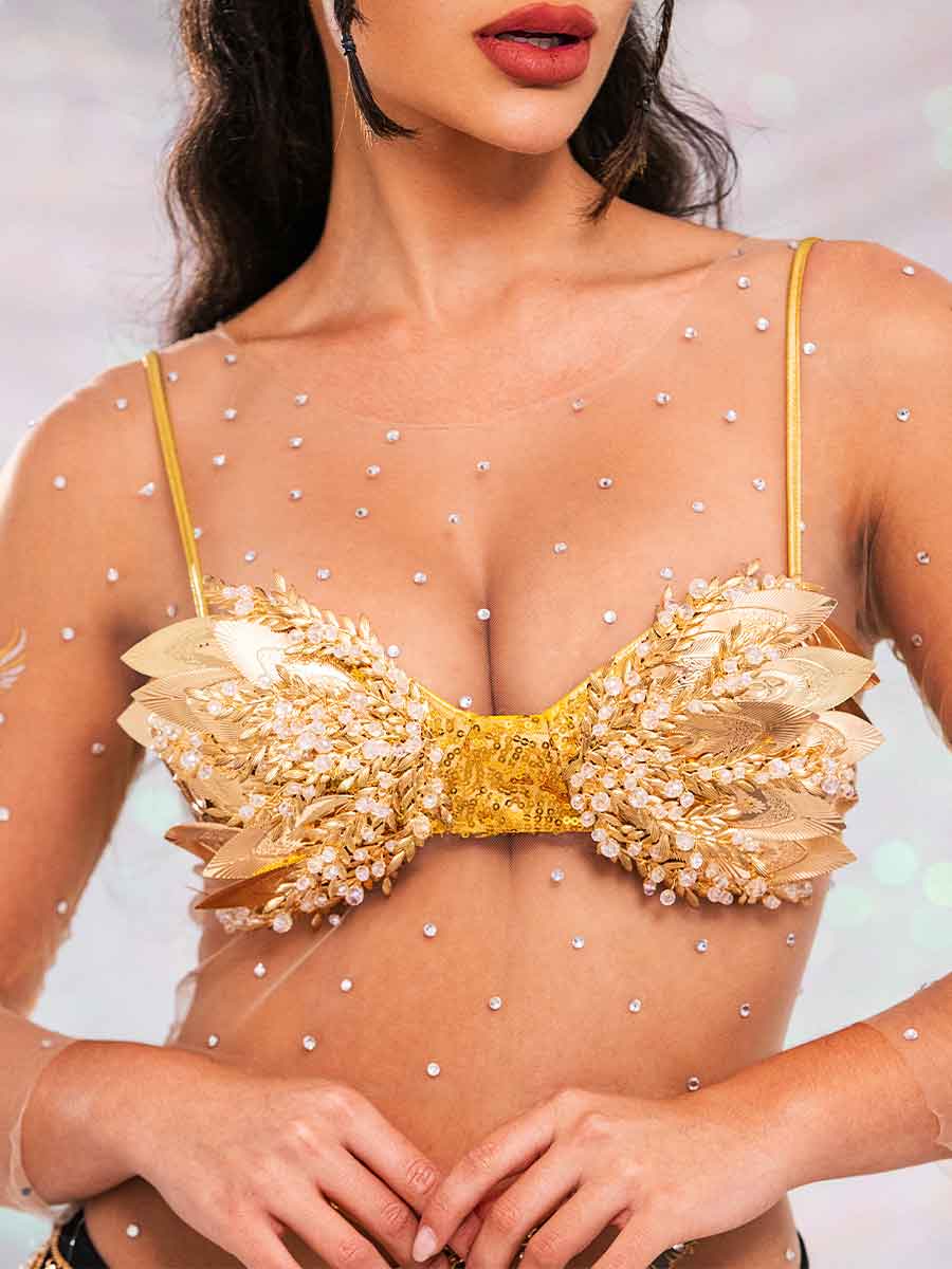 Gold Glitter Bra - Metallic Leaf Sequin Rhinestone Bra