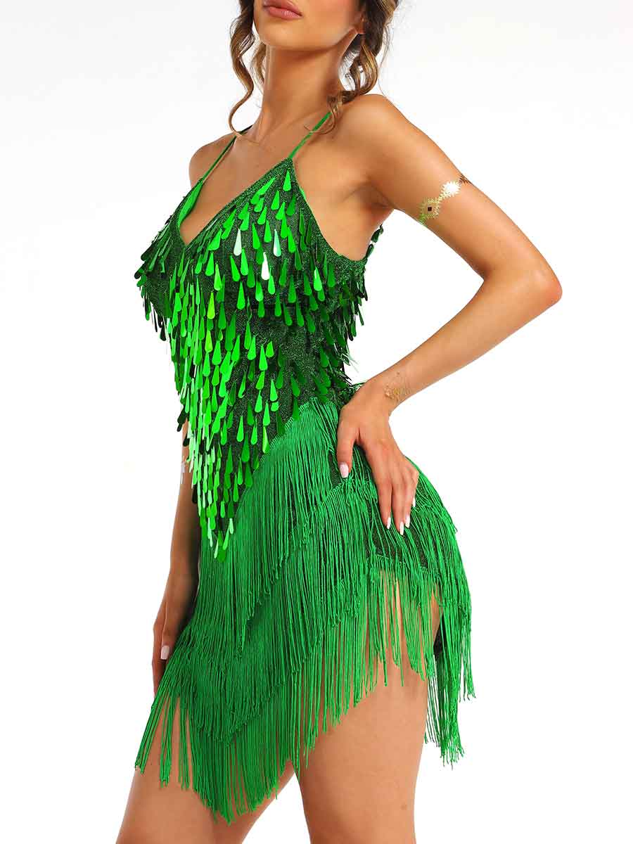 green sequin tassel dress