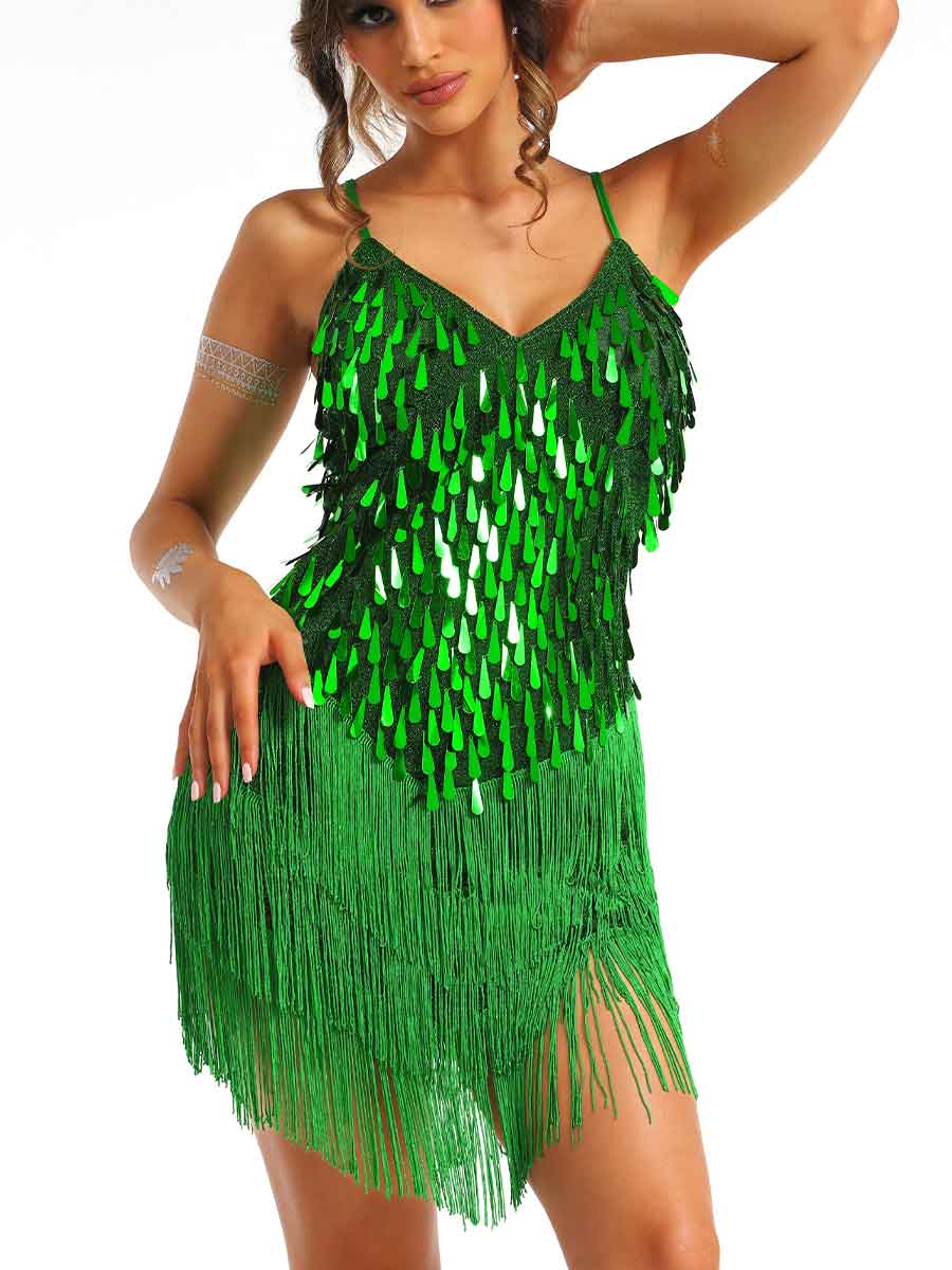 mini green sparkly fringe dress