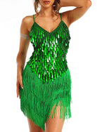 mini green sparkly tassel dress