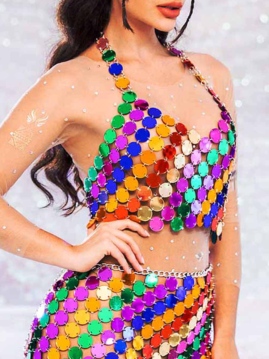 Two Piece Set Sequin - Rainbow Halter Top + Mini Skirt